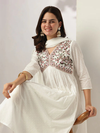 Women's White Dobby Pure Cotton Embroidered A-line Kurta