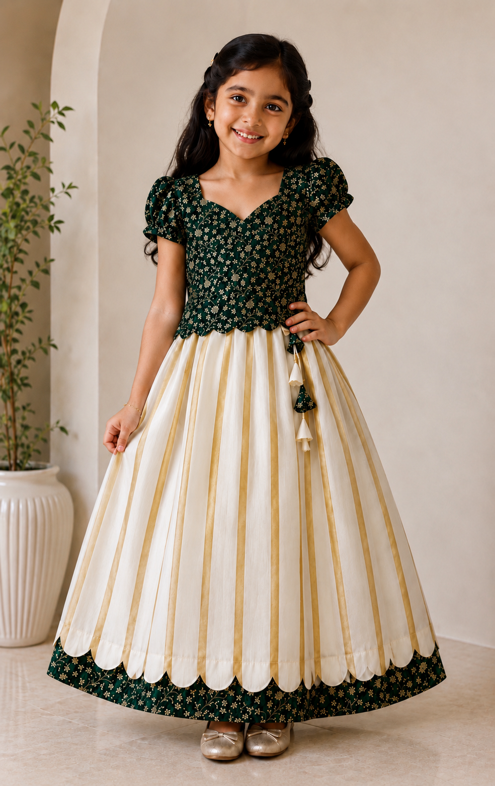 Girls Kerala Kasavu Pavada Set | Green Floral Blouse & Gold Zari Skirt | Onam Dress for Kids