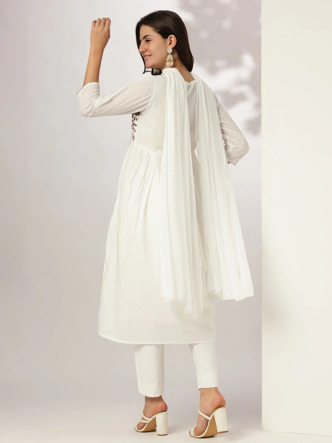 Women's White Dobby Pure Cotton Embroidered A-line Kurta