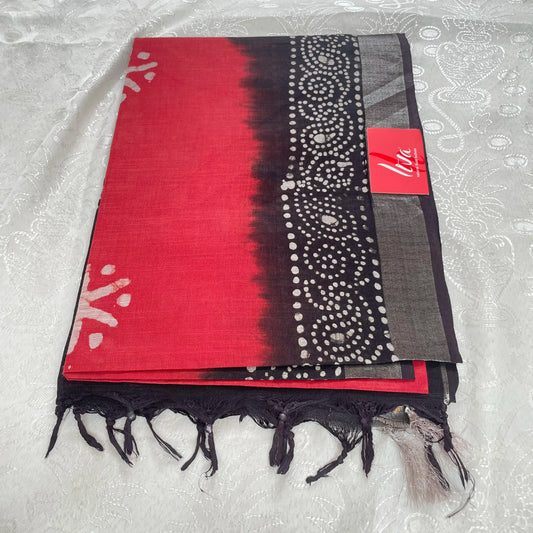 Liva Batik Print Linen Saree - Red