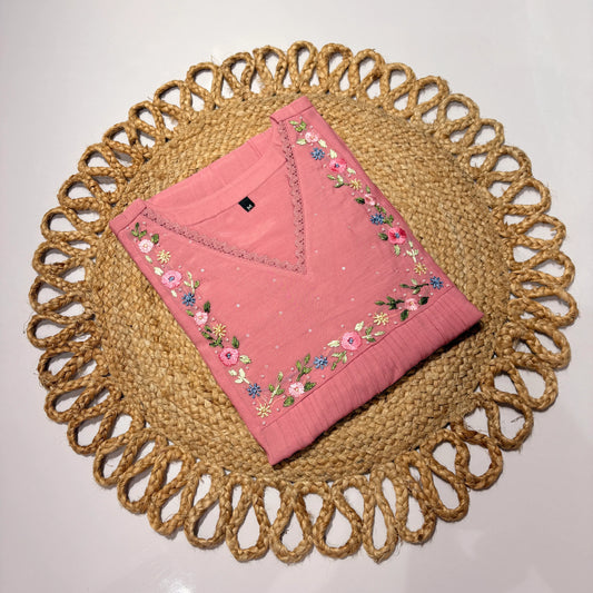 Women’s Dusty Rose Hand-Embroidered Mul Chanderi Kurti with Lace Neck