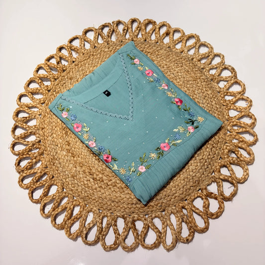 Women’s Muted Teal Green Hand-Embroidered Mul Chanderi Kurti with Lace Neck