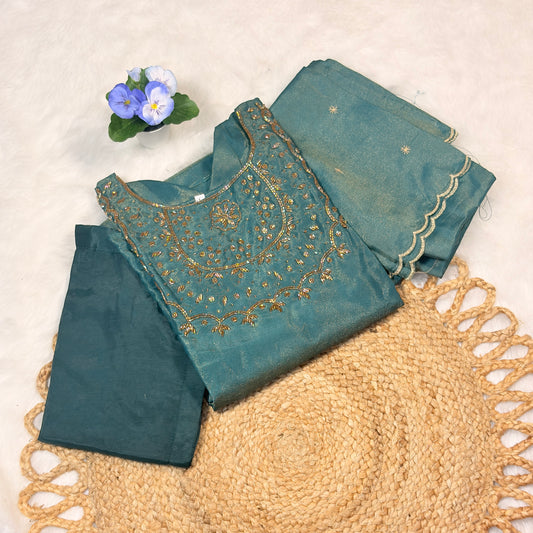 Drak Green Shimmer Embroidered Kurti Set with Dupatta – Festive & Party Wear