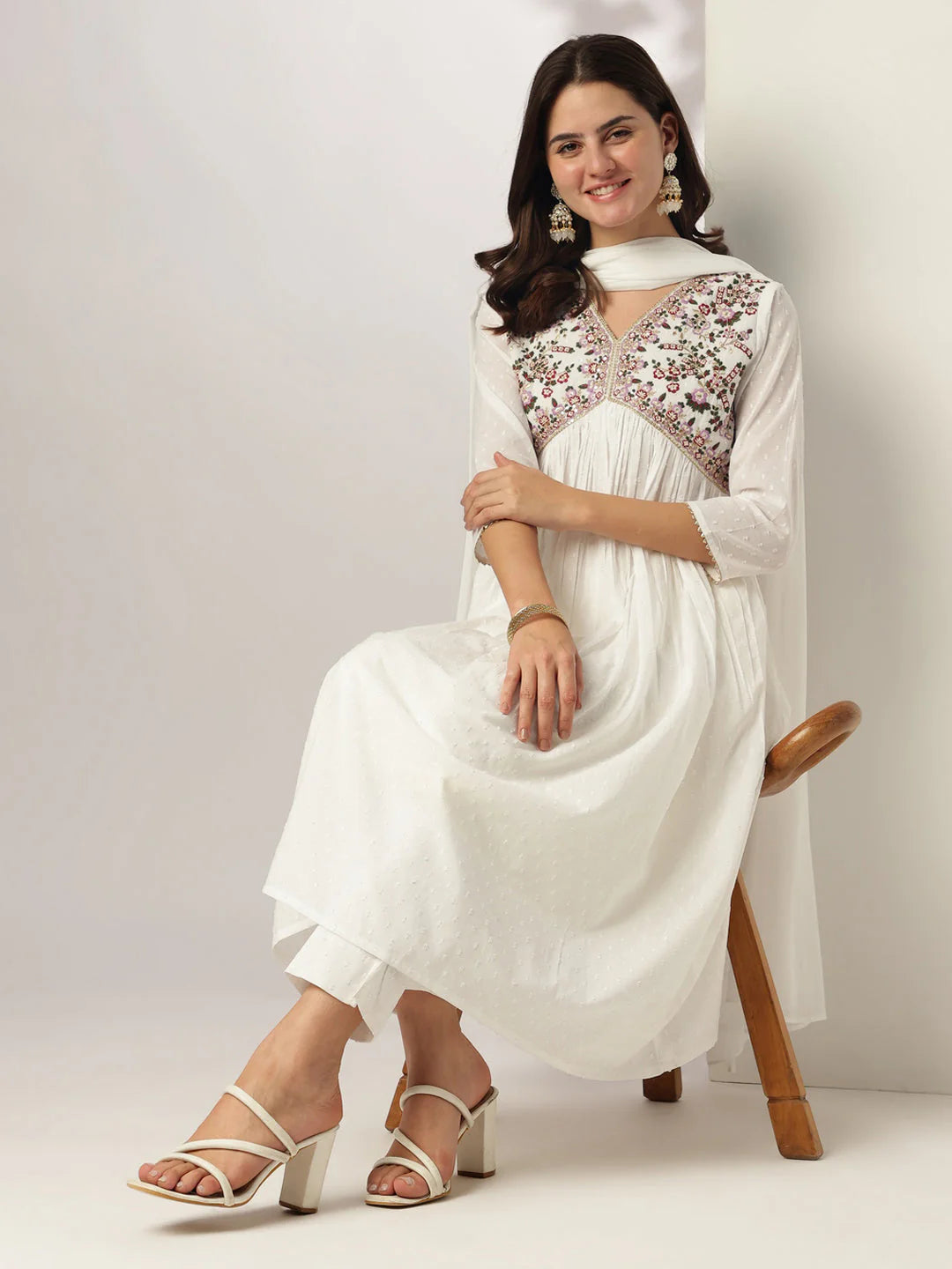 Women's White Dobby Pure Cotton Embroidered A-line Kurta