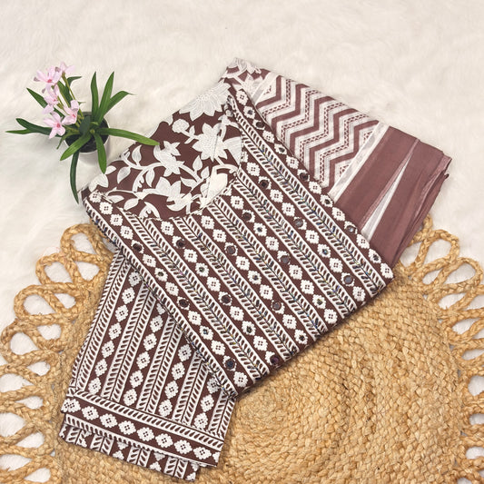 Elegant Brown & White Printed Kurti Set with Dupatta – Cotton Blend