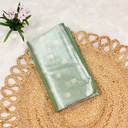 Elegant Green Tissue Silk Saree with Silver Zari Checks – Lightweight Party Wear Saree
