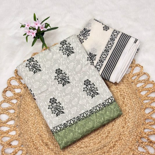 Elegant Net Kota Suit Set with Embroidery – White and Green