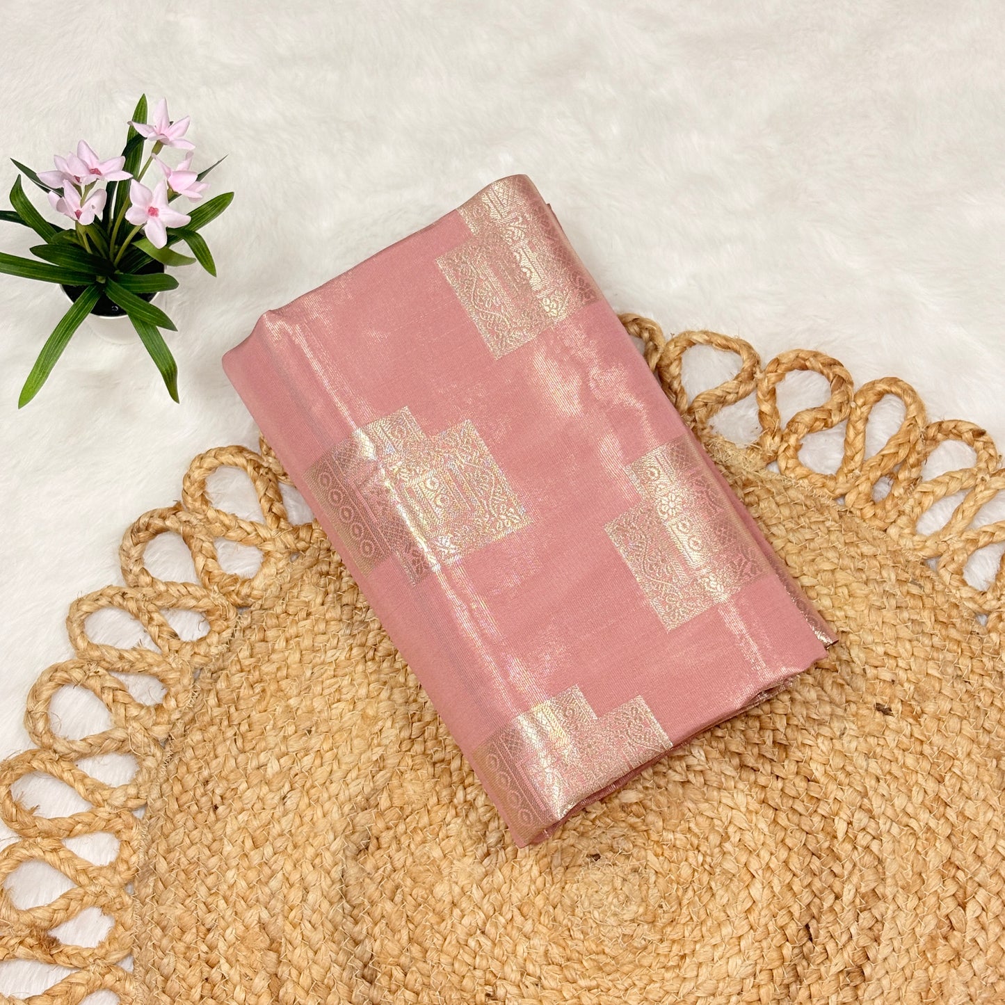 Elegant Pink Tissue Silk Saree with Rose Gold Zari – Lightweight Party Wear Saree