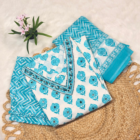 Elegant White & Blue Printed Kurti Set with Dupatta – Cotton Blend