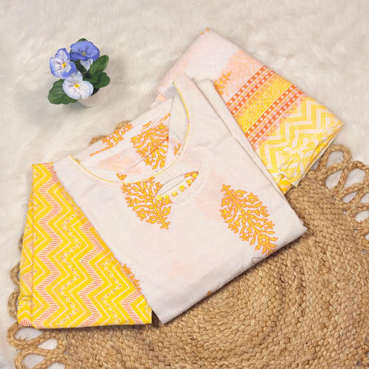 Elegant White & Yellow Printed Kurti Set with Dupatta – Cotton Blend
