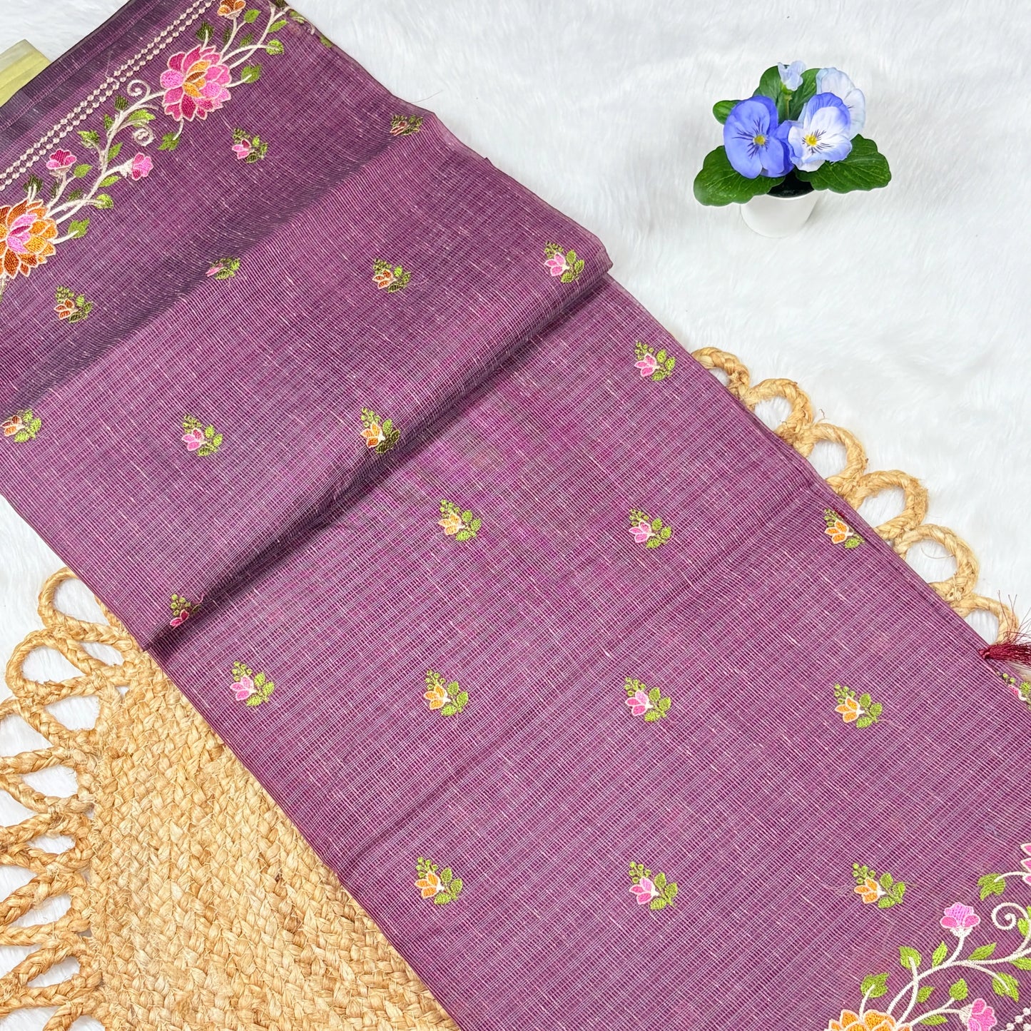 Women's Embroidered Slub‑Finish Saree with Blouse Piece | Plum Purple Lotus Border & Floral Bootis | 5.5 m + 0.8 m