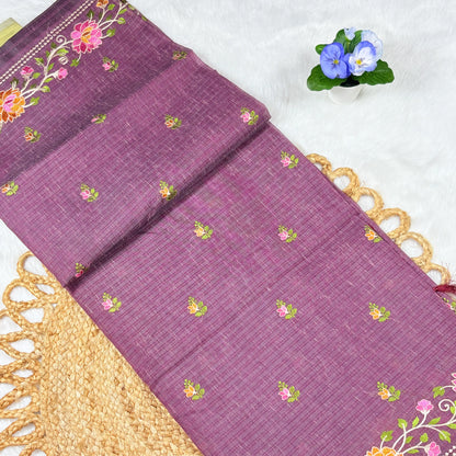 Women's Embroidered Slub‑Finish Saree with Blouse Piece | Plum Purple Lotus Border & Floral Bootis | 5.5 m + 0.8 m
