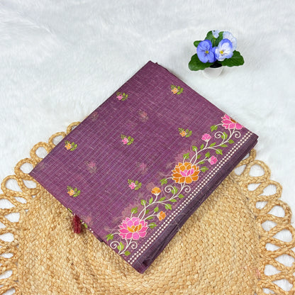 Women's Embroidered Slub‑Finish Saree with Blouse Piece | Plum Purple Lotus Border & Floral Bootis | 5.5 m + 0.8 m
