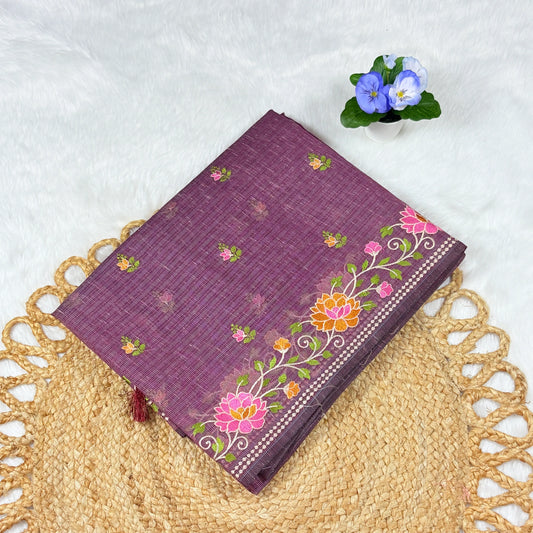 Women's Embroidered Slub‑Finish Saree with Blouse Piece | Plum Purple Lotus Border & Floral Bootis | 5.5 m + 0.8 m