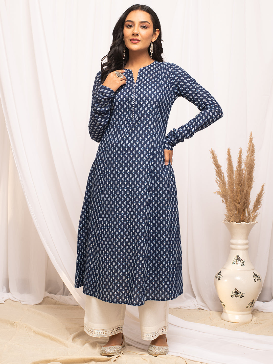 Ethnic Motifs Printed Notched Neck Pure Cotton A-Line Kurta