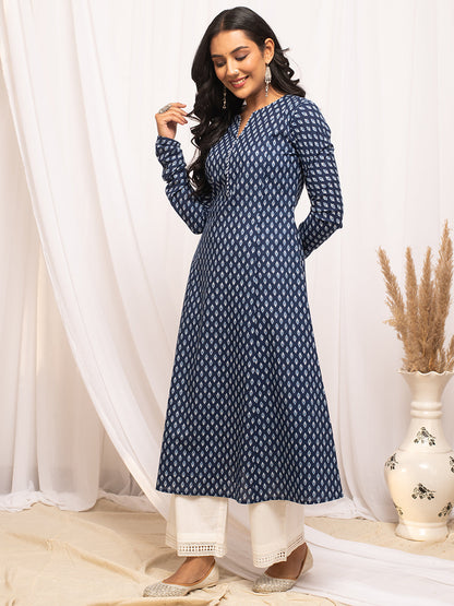 Ethnic Motifs Printed Notched Neck Pure Cotton A-Line Kurta