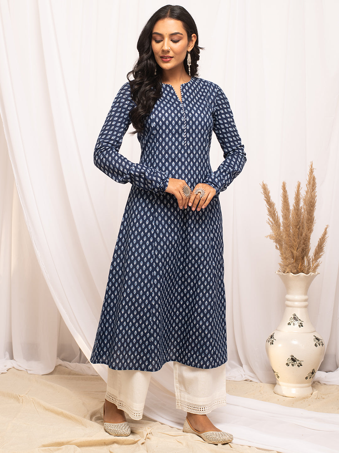 Ethnic Motifs Printed Notched Neck Pure Cotton A-Line Kurta