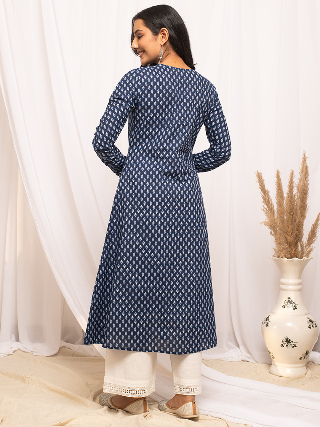 Ethnic Motifs Printed Notched Neck Pure Cotton A-Line Kurta