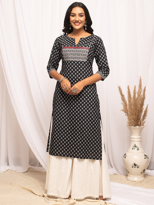 Ethnic Motifs Printed Round Neck Gotta Patti Cotton Straight Kurta