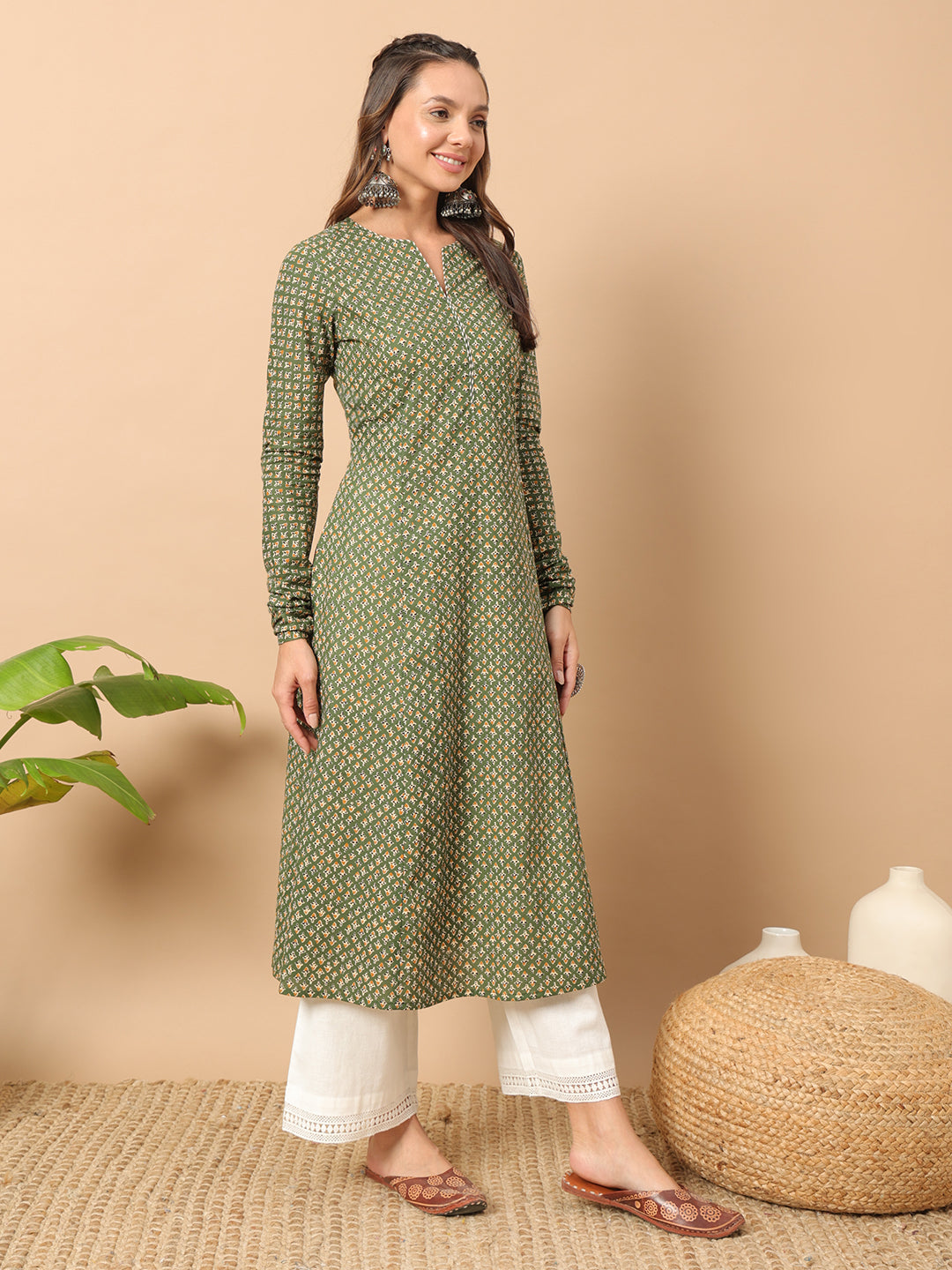 Floral Printed Notch Collar Thread Work Cotton A-Line Kurta