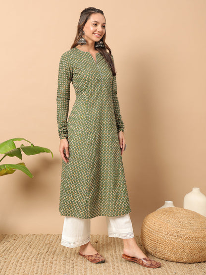Floral Printed Notch Collar Thread Work Cotton A-Line Kurta