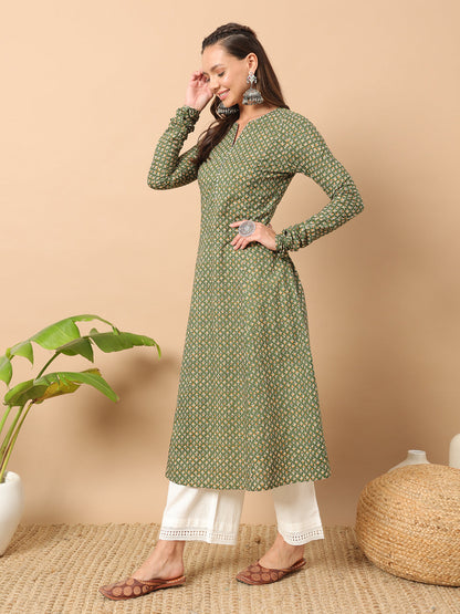 Floral Printed Notch Collar Thread Work Cotton A-Line Kurta