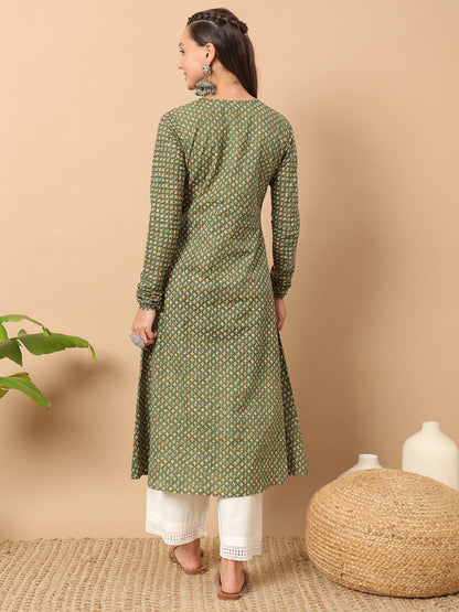 Floral Printed Notch Collar Thread Work Cotton A-Line Kurta