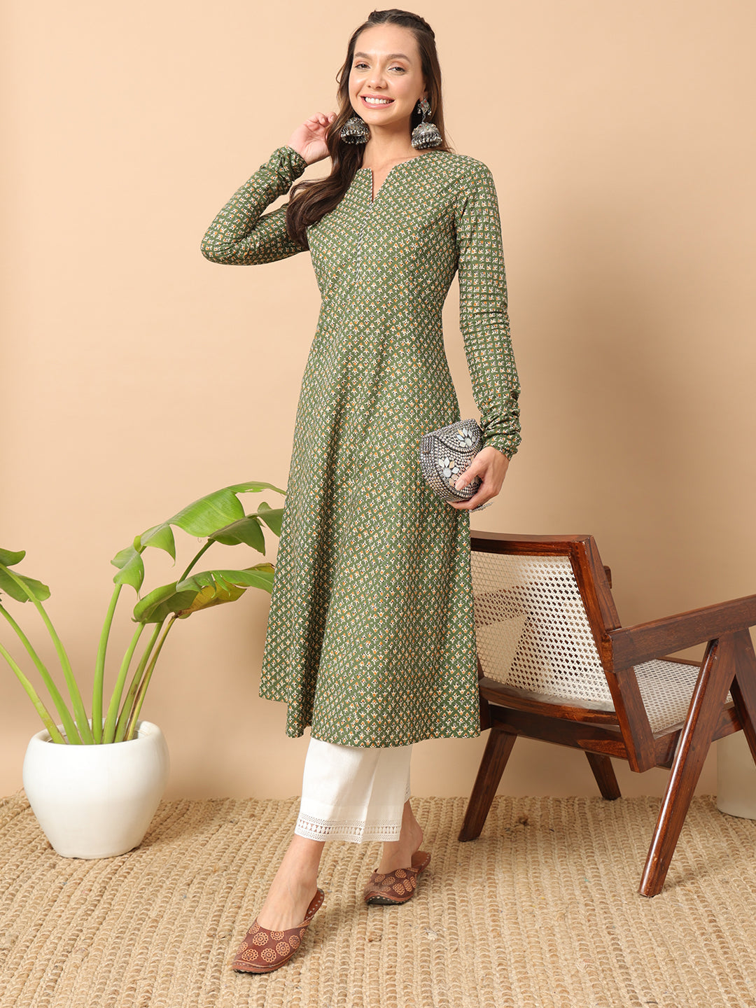 Floral Printed Notch Collar Thread Work Cotton A-Line Kurta