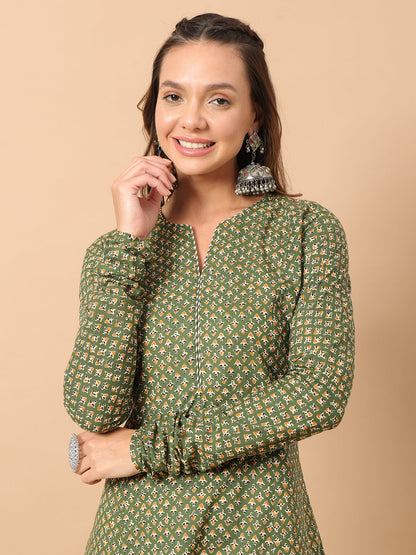 Floral Printed Notch Collar Thread Work Cotton A-Line Kurta