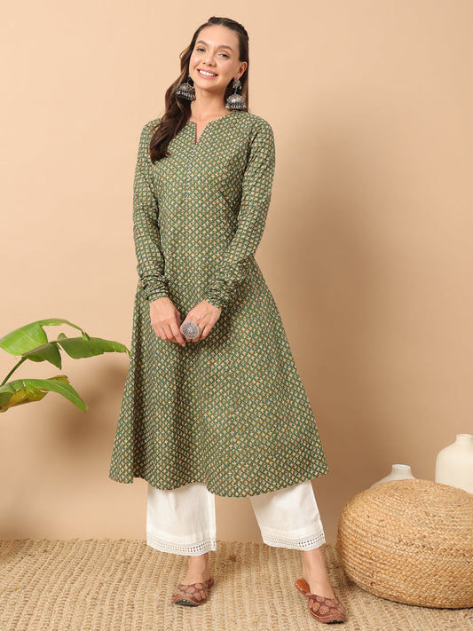 Floral Printed Notch Collar Thread Work Cotton A-Line Kurta
