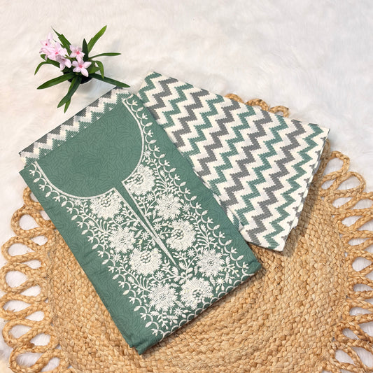 Green Neck Floral Embroidery Cotton Suit Set