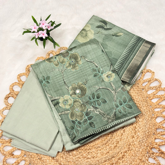 Green Semi Silk Suit Set with Embroidered Floral Design & Contrasting Dupatta – Elegant Ethnic Wear for Women