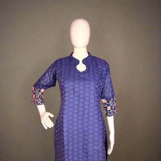 Women's Blue Floral Embroidery Hakoba Slitted Kurti with Cotton Lining