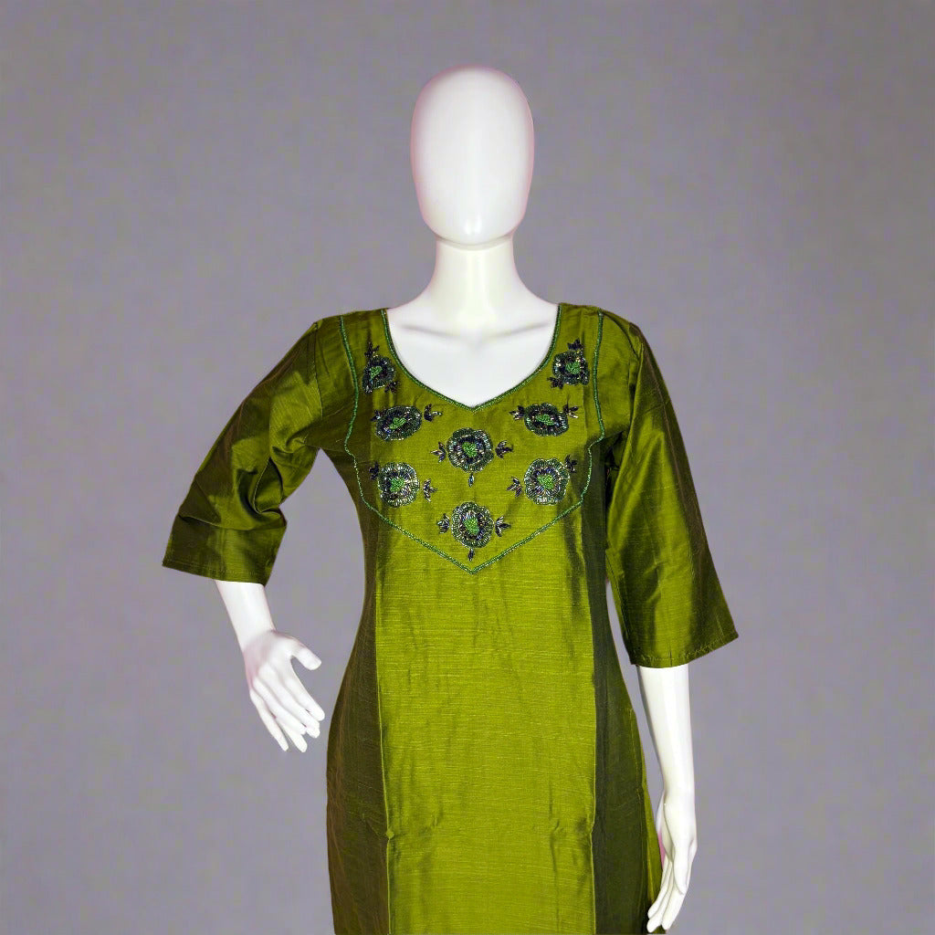 Women's Olive Green Silk Blend Kurti with Hand Embroidery Kurti