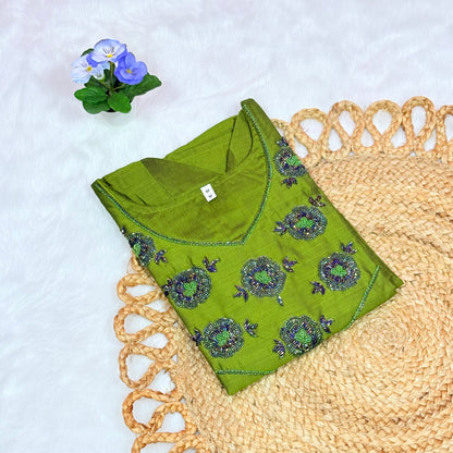 Women's Olive Green Silk Blend Kurti with Hand Embroidery Kurti