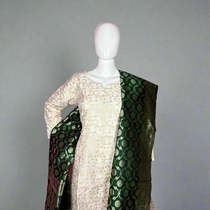 Women's Elegant Tissue Golden Anarkali Kurti with Contrast Green Dupatta