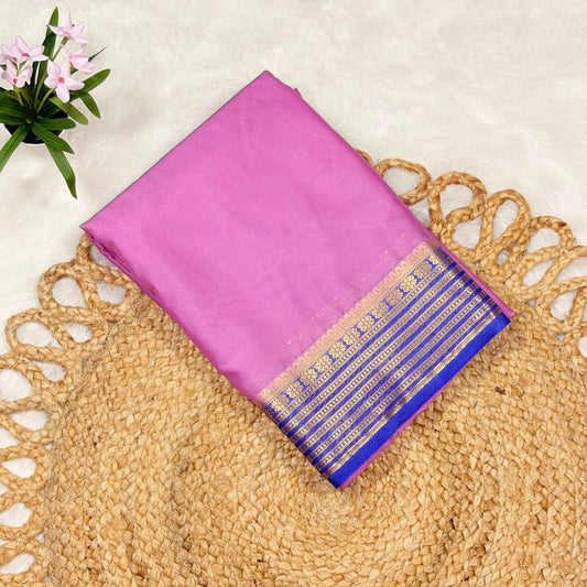Women’s Pink Mysore Crepe Silk Saree with Golden Zari Border & Blue Contrast