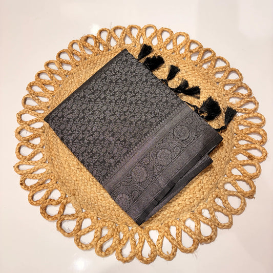 Black Jacquard Woven Saree with Self Design & Tassel Pallu – Elegant Festive & Office Wear