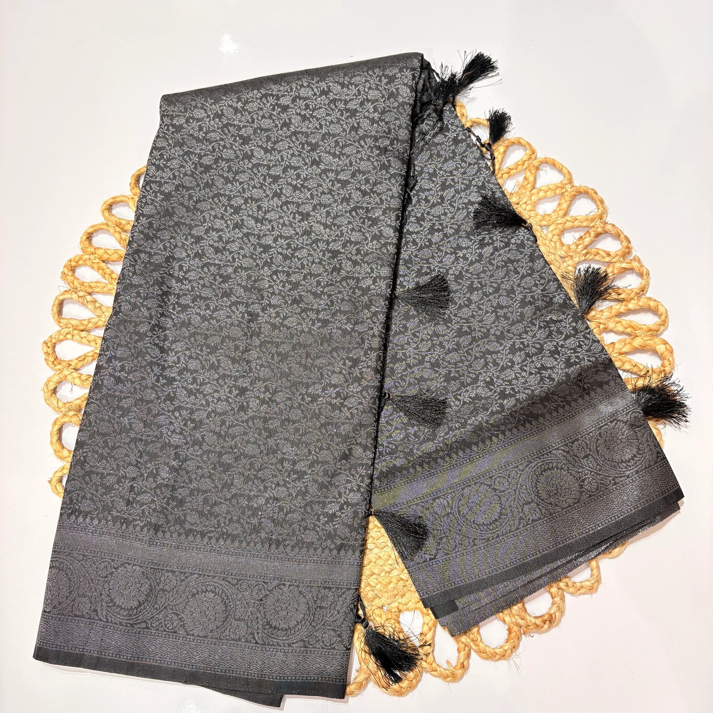 Black Jacquard Woven Saree with Self Design & Tassel Pallu – Elegant Festive & Office Wear