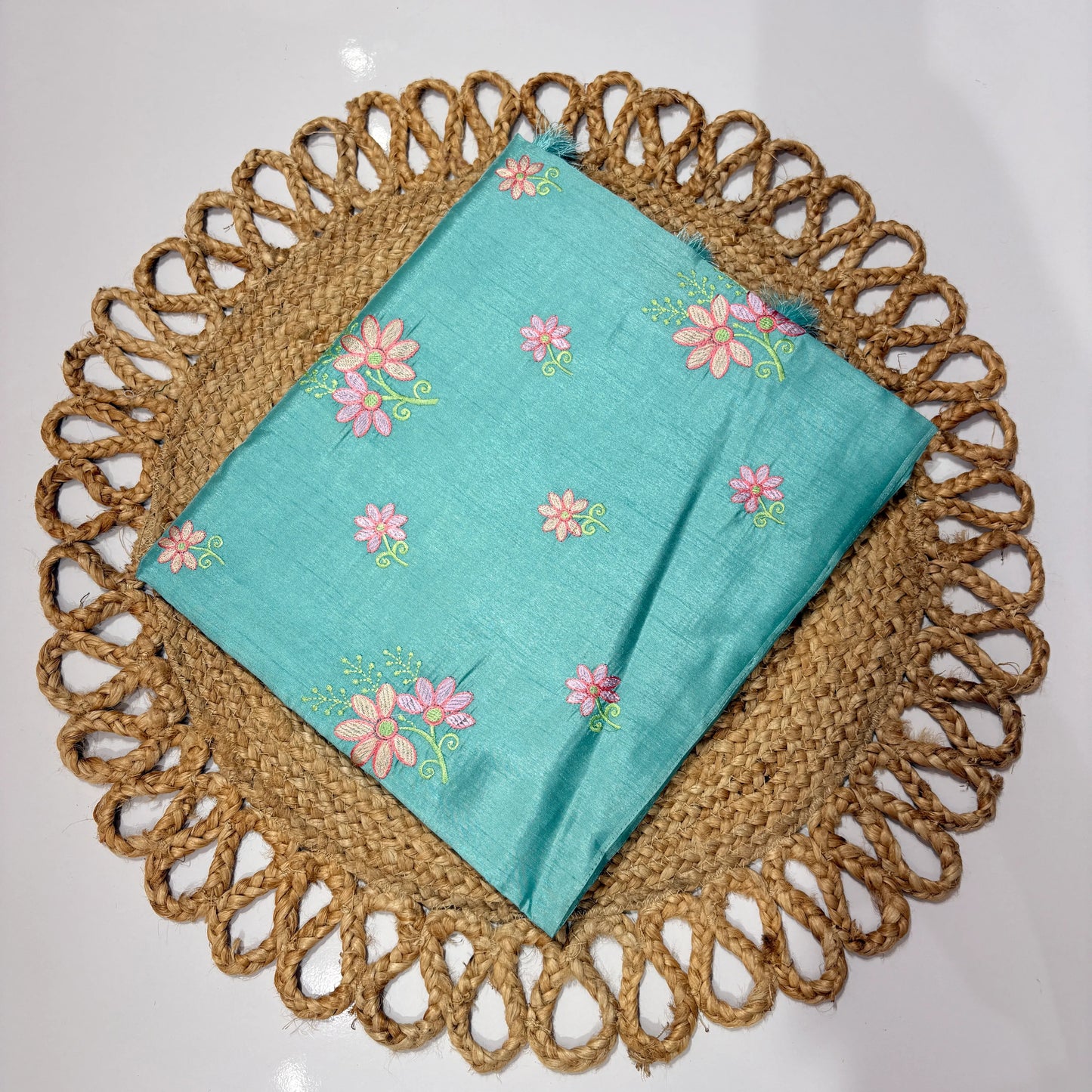 Turquoise Blue Embroidered Saree with Pink Floral Motifs – Festive & Office Wear