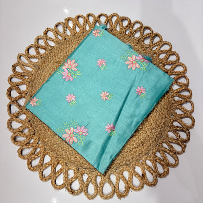 Turquoise Blue Embroidered Saree with Pink Floral Motifs – Festive & Office Wear