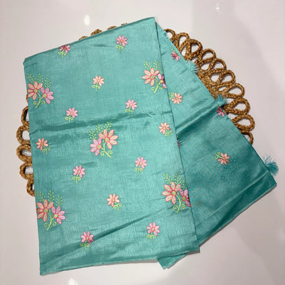 Turquoise Blue Embroidered Saree with Pink Floral Motifs – Festive & Office Wear