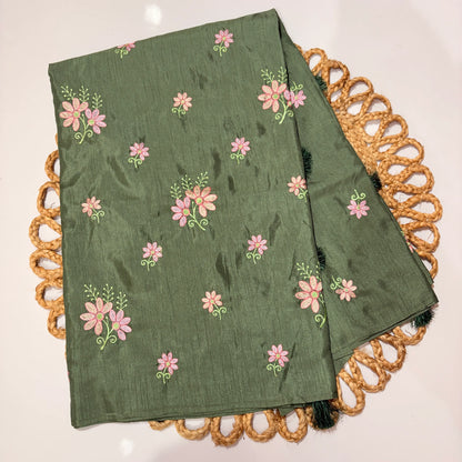 Sage Green Embroidered Saree with Pink Floral Motifs – Festive & Office Wear