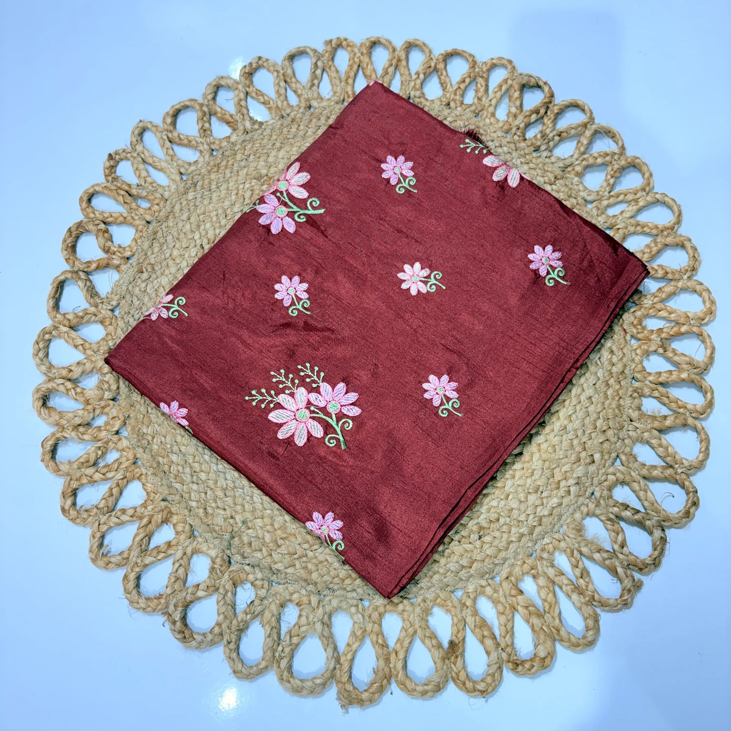 Maroon Embroidered Saree with Pink Floral Motifs – Festive & Office Wear