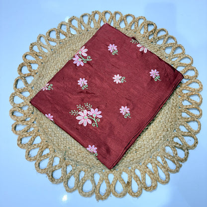 Maroon Embroidered Saree with Pink Floral Motifs – Festive & Office Wear
