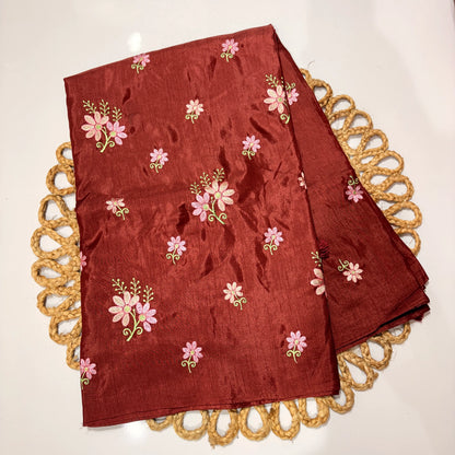 Maroon Embroidered Saree with Pink Floral Motifs – Festive & Office Wear