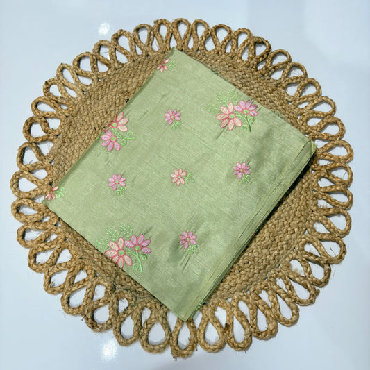 Pistachio Green Embroidered Saree with Pink Floral Motifs – Festive & Office Wear