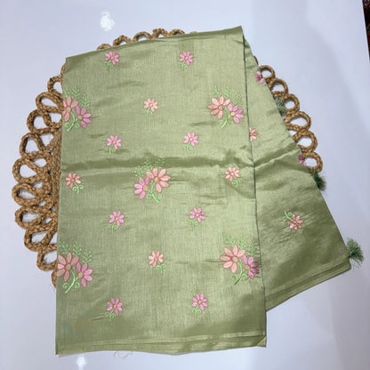 Pistachio Green Embroidered Saree with Pink Floral Motifs – Festive & Office Wear