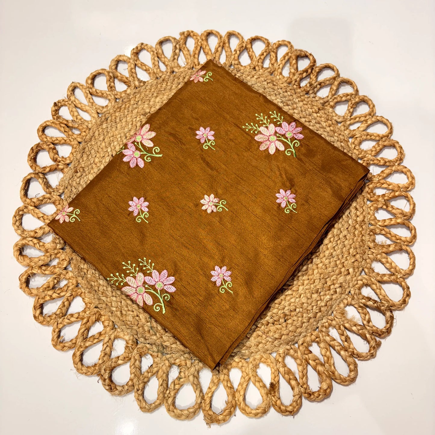 Mustard Gold Embroidered Saree with Pink Floral Motifs – Festive & Office Wear
