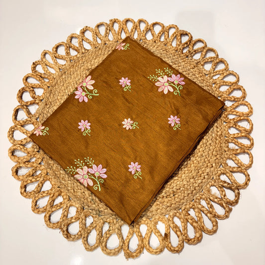 Mustard Gold Embroidered Saree with Pink Floral Motifs – Festive & Office Wear